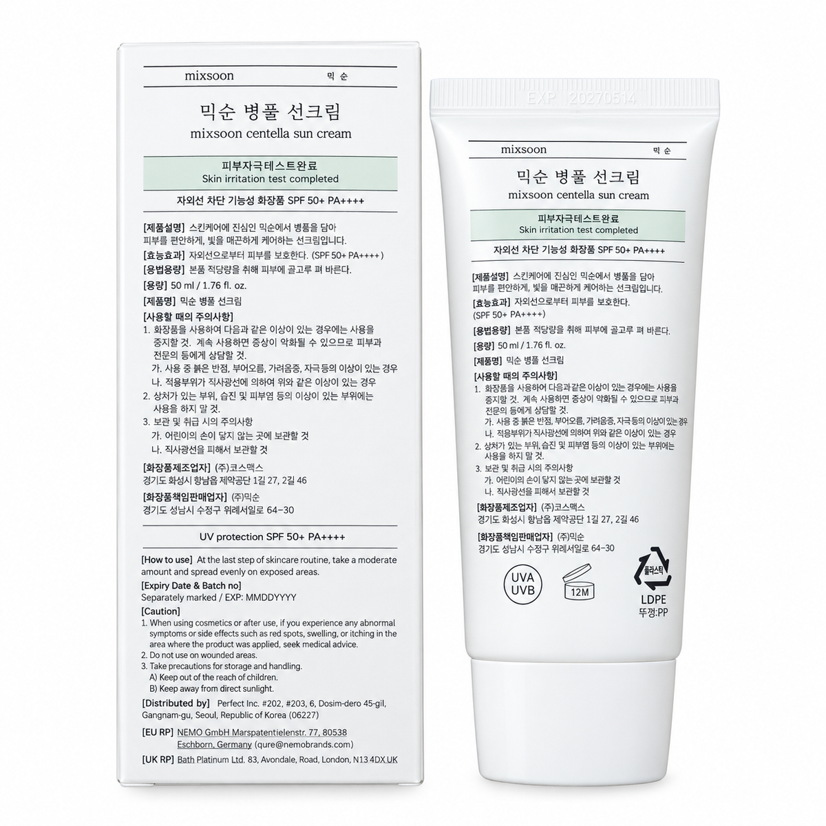 Mixsoon Centella Sun Cream SPF 50+ PA++++ – Crème solaire visage 50 g